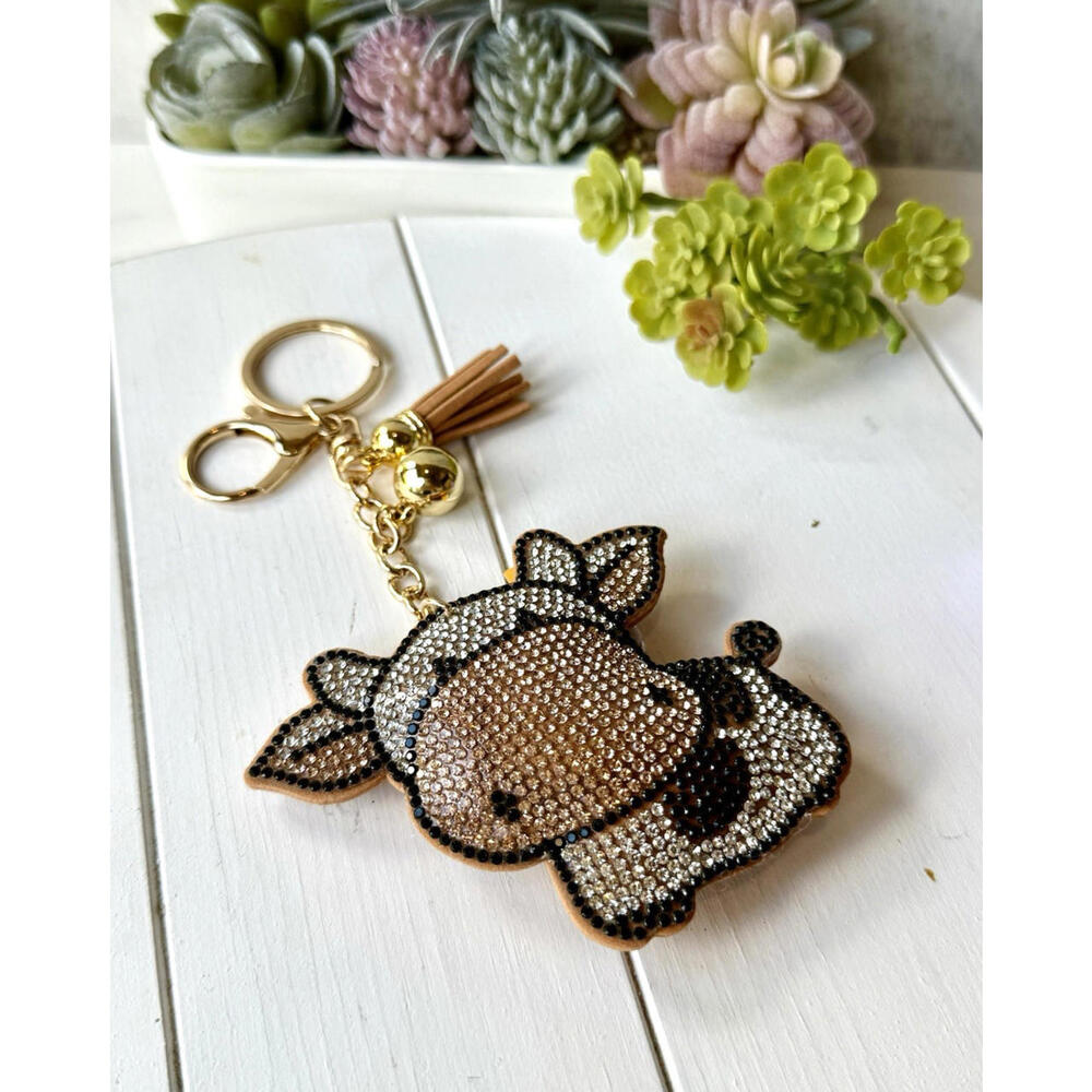 New Bling Black White Spotted Cow Puffy Tassel Keyring Purse Backpack Charm